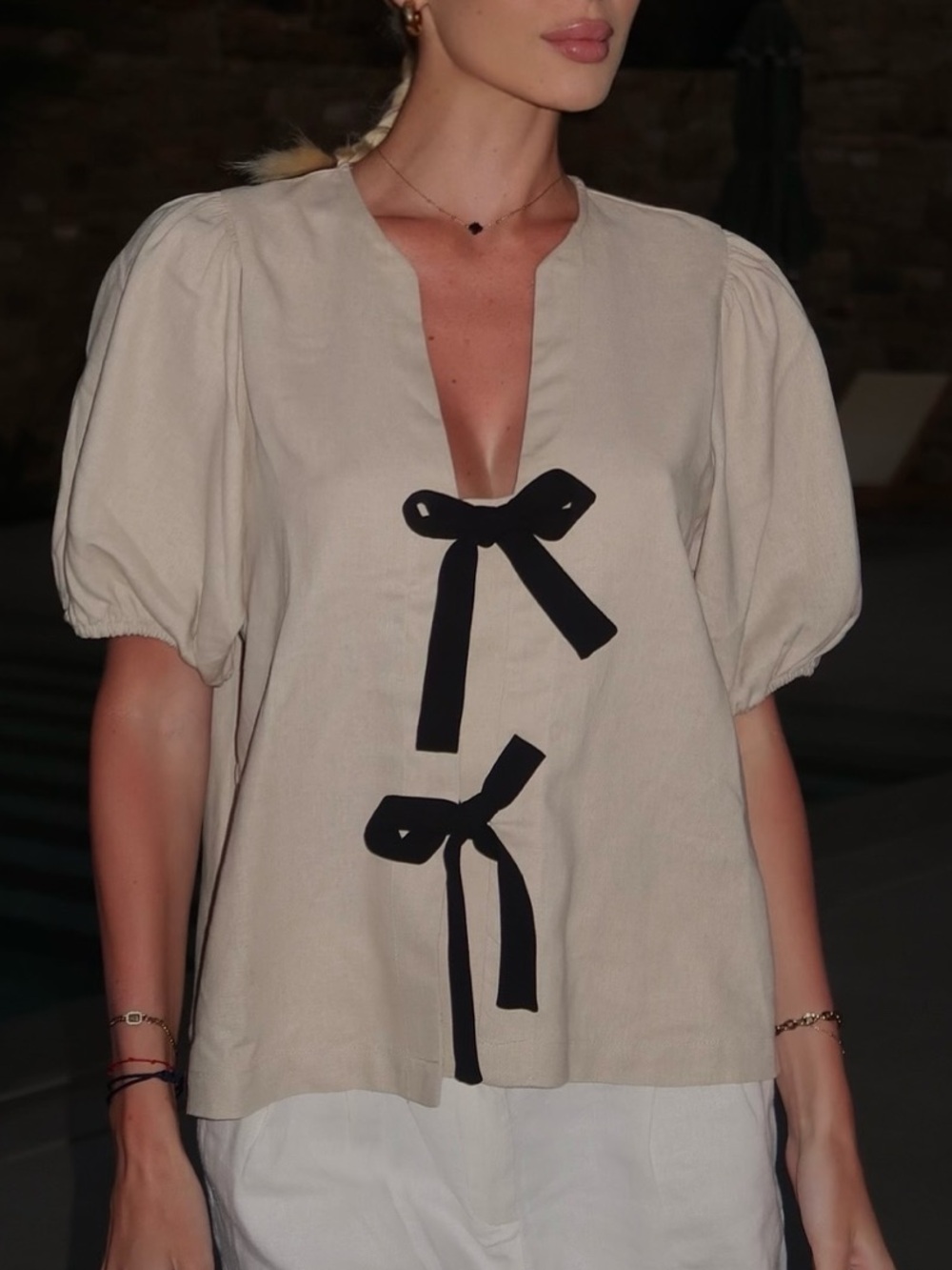 ZARA linen blouse with front bow tie closure - Picture 2 of 7
